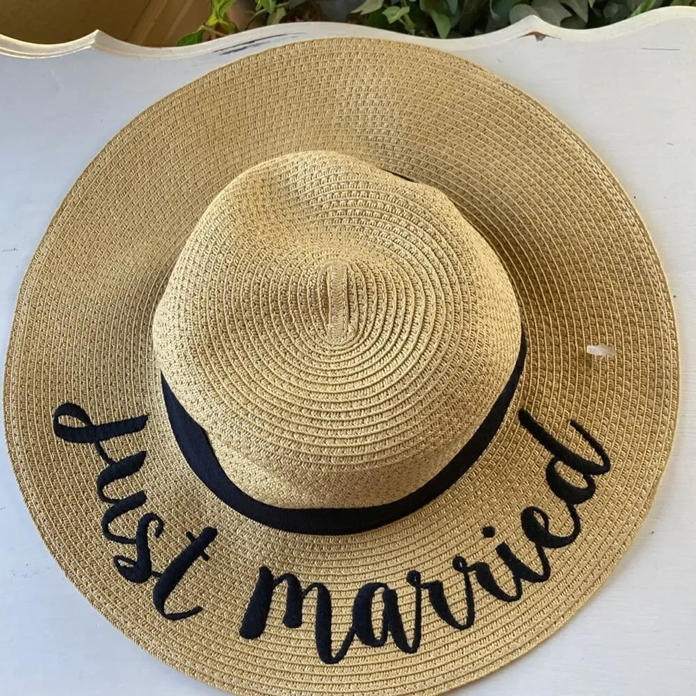 C.C Floppy Paper Straw Wide Brim Hat Embroidered Just Married OS